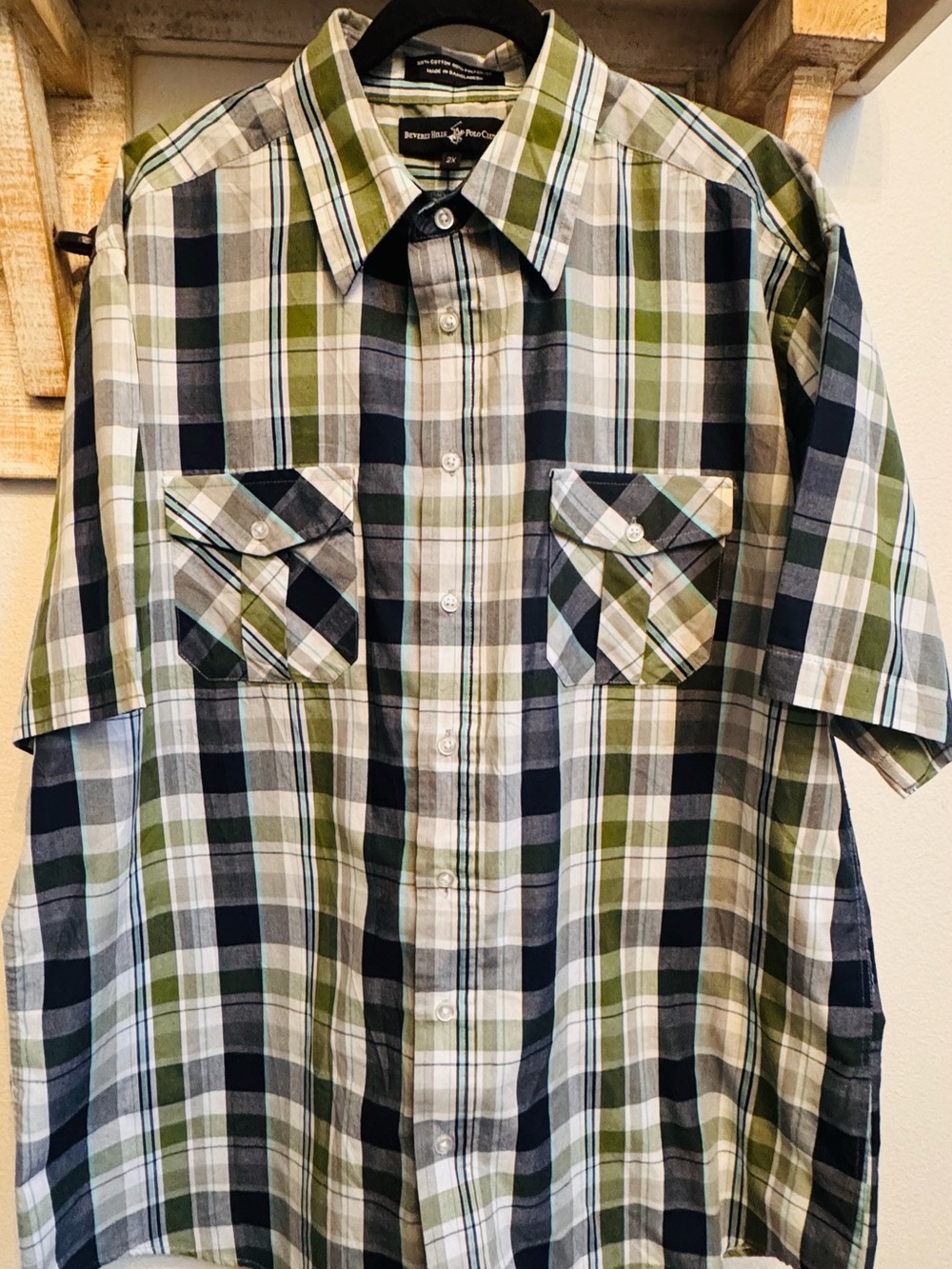 Beverly Hills Polo Club Green, Navy & White Plaid Short-Sleeve Button-Down